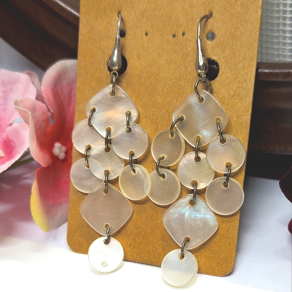 Vintage Sterling Silver Acrylic Mother of Pearl Dangle Earrings - Picture 4 of 7